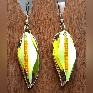 HANDMADE Gold, Orange, & Green Leaf Twist Layered Dangle Earrings